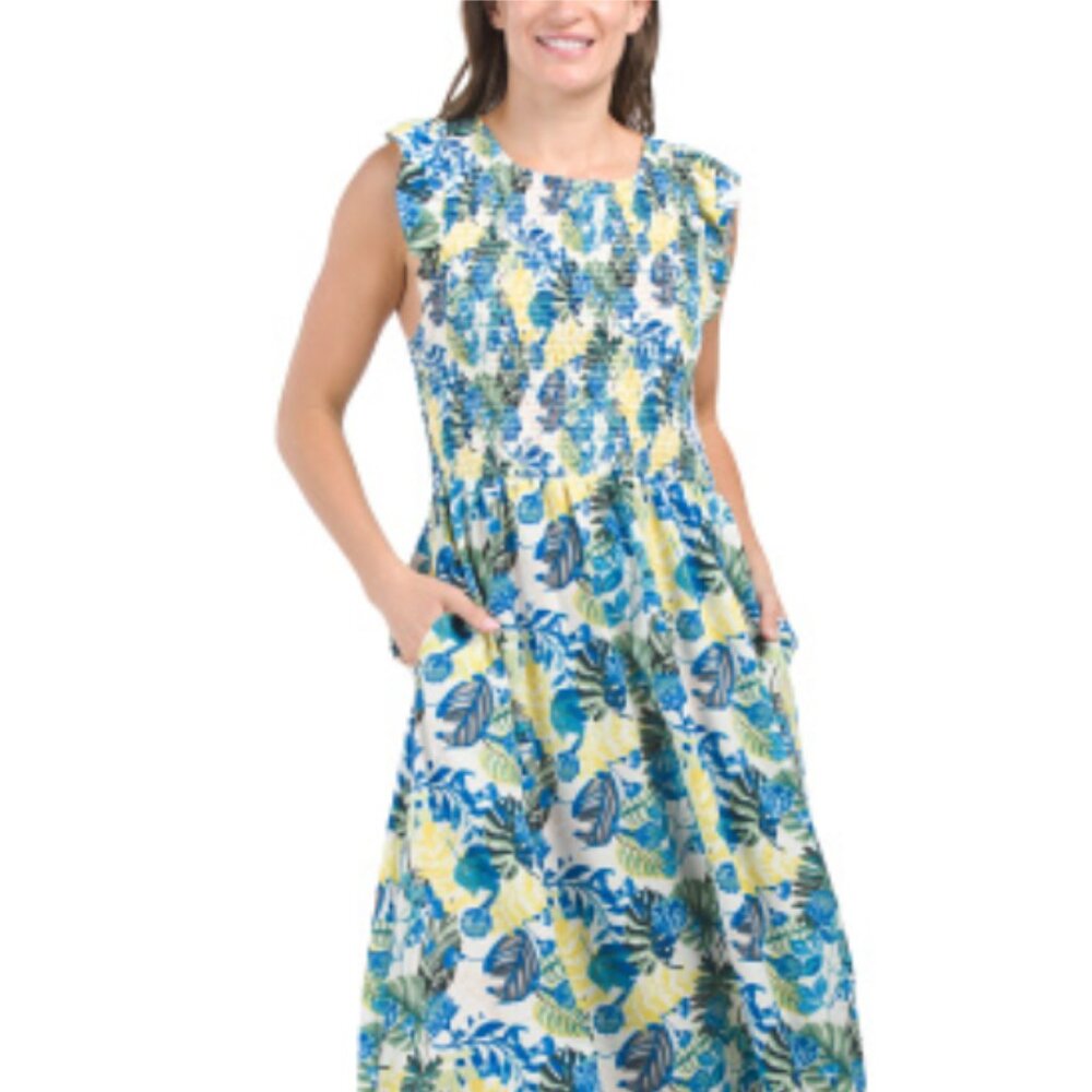 MELLODAY Flutter Sleeve Smocked Top Floral Blue Yellow Midi Dress with Pockets